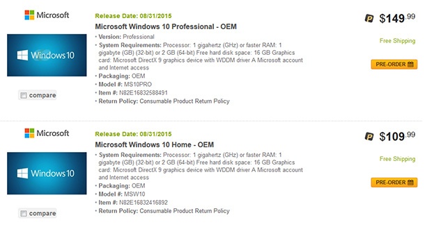 Newegg може би разкри цената и началото на продажбите на Windows 10