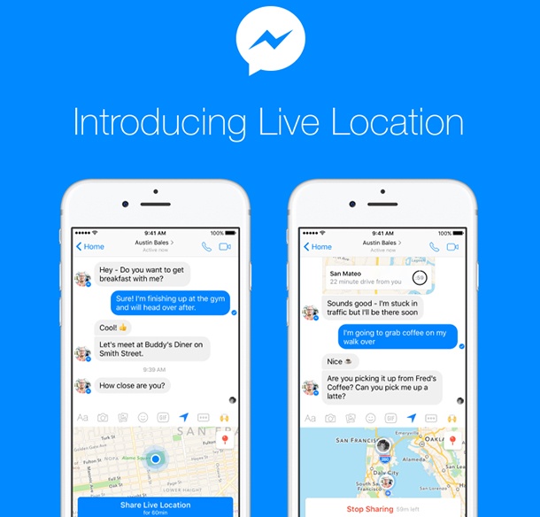 Facebook Messenger с опция за споделяне на местоположението в реално време