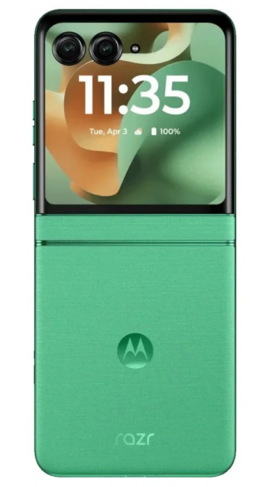 Motorola Razr 60 в цвят Spring Bud със стилен сгъваем корпус и външен AMOLED дисплей.
