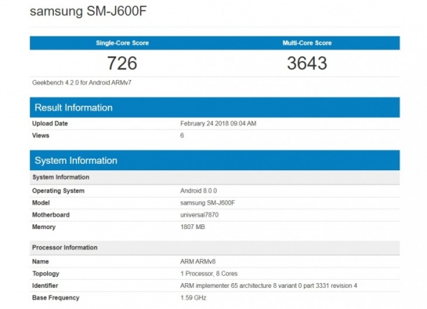 Galaxy J6 се появи в Geekbench
