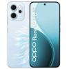 Oppo Reno 14 FS 5G в бяло-син цвят с тройна камера и AMOLED дисплей с централна селфи камера.