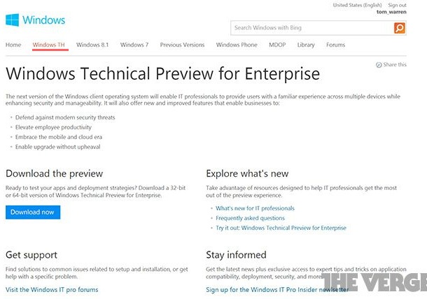 Името Windows TH се появи в сайта на Microsoft