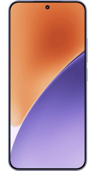 Преден изглед на Xiaomi 15 с AMOLED екран в оранжево-лилав градиент.