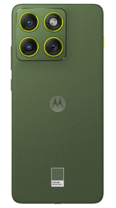 	Зелен гръб на Motorola Edge 70 с тройна камера и Pantone Bronze Green плочка.