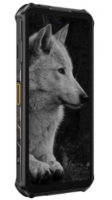 Ulefone Armor X16 Pro страничен изглед с вълк тапет на дисплея и подсилен корпус