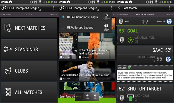 Приложението HTC Footballfeed дава информация за Шампионската лига и Лига Европа
