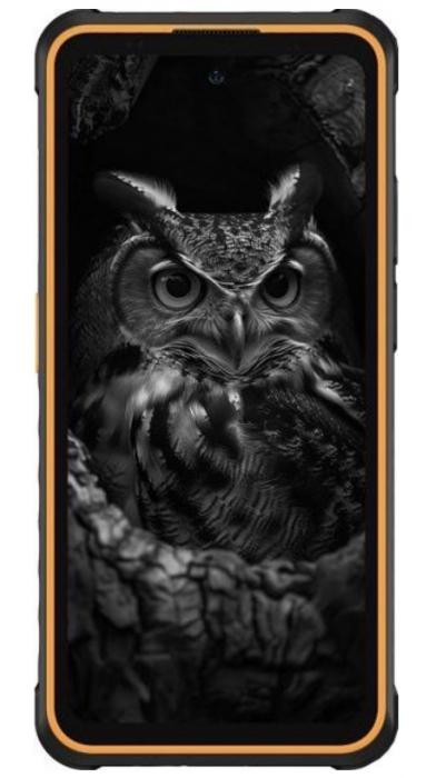 Ulefone Armor X31 Pro – преден изглед с оранжев акцент около екрана и изображение на бухал на дисплея.