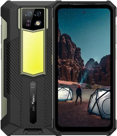 Ulefone Armor 24 – преден и заден изглед с мощна LED светлина и изображение от нощен лагер на дисплея.