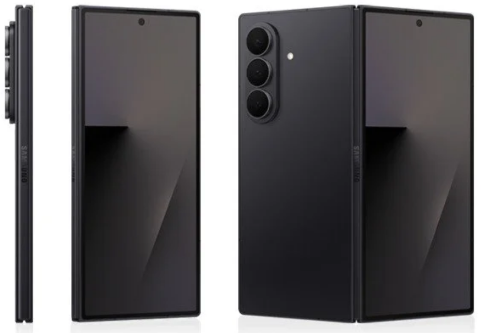 Черна версия отпред, отстрани и отзад Samsung Galaxy Z Fold7 в черно – изглед отпред, в профил и отзад