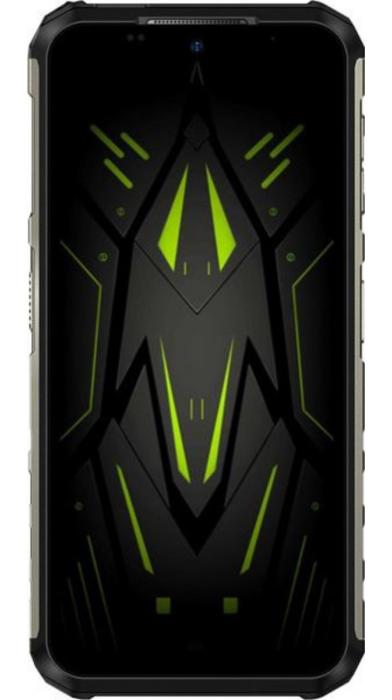 Смартфон Ulefone Armor 22 с включен дисплей, показващ агресивен графичен фон в черно и жълто.