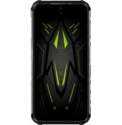 Смартфон Ulefone Armor 22 с включен дисплей, показващ агресивен графичен фон в черно и жълто.