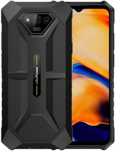 Гръб и дисплей на Ulefone Power Armor X13 в черен цвят, показващ двойна камера и ъглов дизайн.