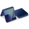 Сгънат и разгънат Samsung Galaxy Z Flip7 в синьо, показващ гъвкав дисплей и двойна камера