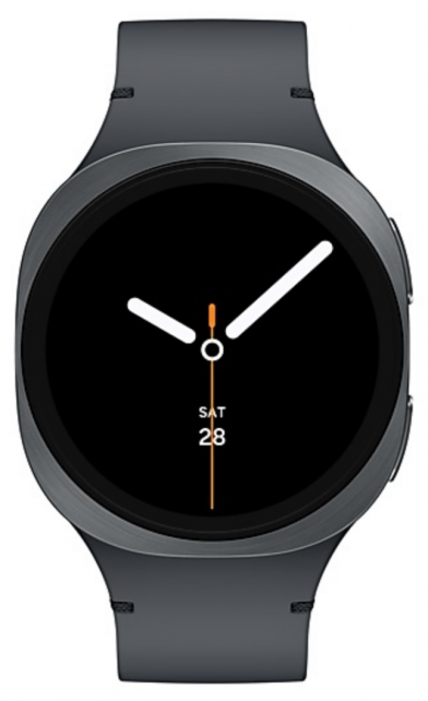 Фронтален изглед на Samsung Galaxy Watch8 в черно, с модерен дизайн и елегантна кръгла форма.