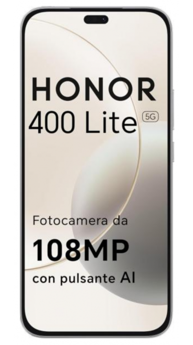 Honor 400 Lite с централен отвор за селфи камера и 108MP надпис на екрана.