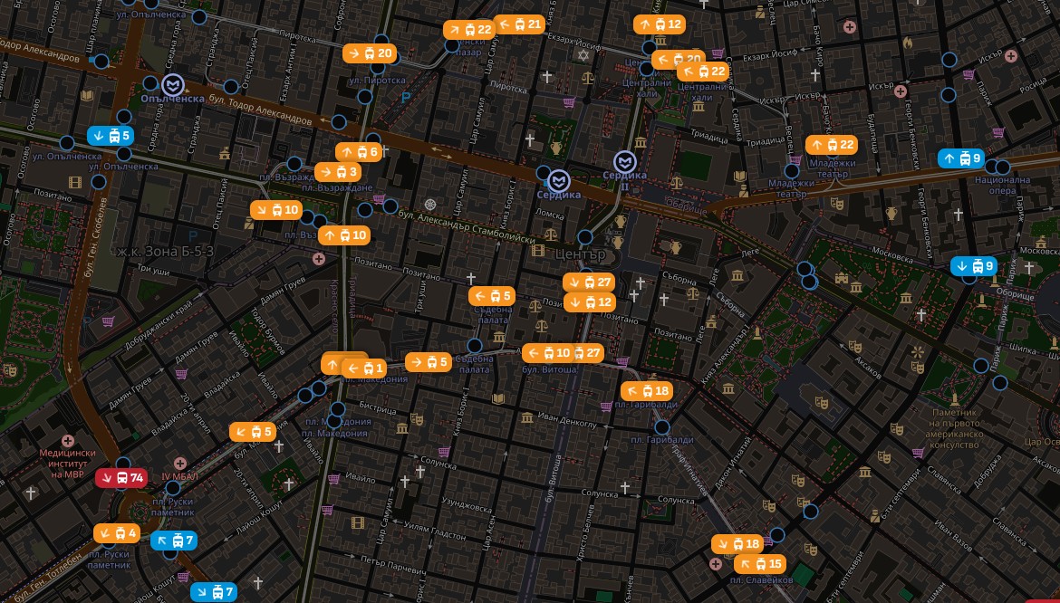 Карта показва движението на градския транспорт в София в реално време
