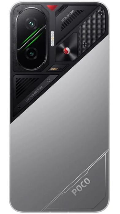 Заден панел на Xiaomi Poco F7 Cyber Silver Edition със Snapdragon акценти.