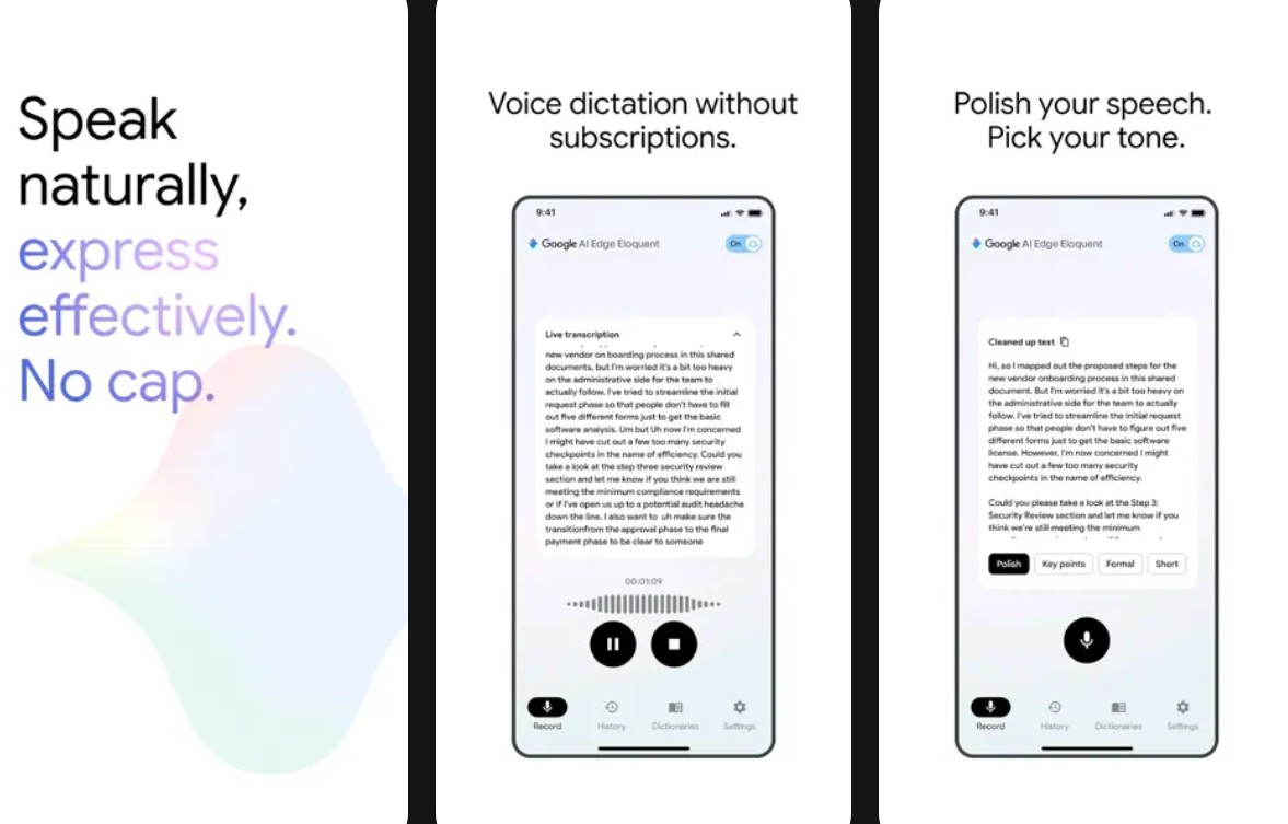 Google AI Edge Eloquent е офлайн приложение за гласово диктовка и без абонамент