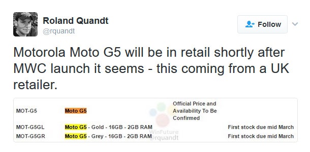 Продажбите на Moto G5 вероятно ще започнат в средата на март