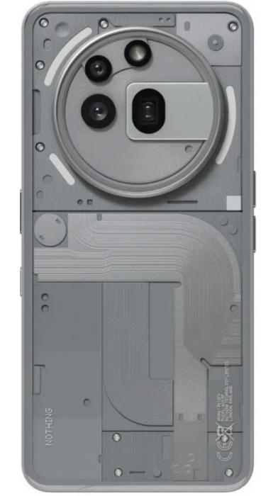 Nothing Phone 3a Pro – заден изглед в сив цвят с прозрачен панел и елегантен модул на камерата.