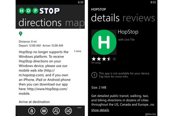 Приложението на HopStop за Windows Phone вече не работи