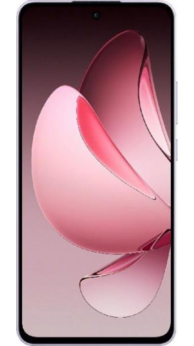 Oppo Reno13 F с елегантен извит дисплей и розов тапет, подчертаващ стилен и модерен дизайн.