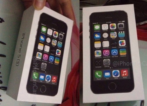 Снимка на опаковката на iPhone 5S показва основен бутон със сребрист пръстен