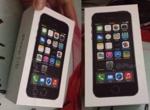 Снимка на опаковката на iPhone 5S показва основен бутон със сребрист пръстен