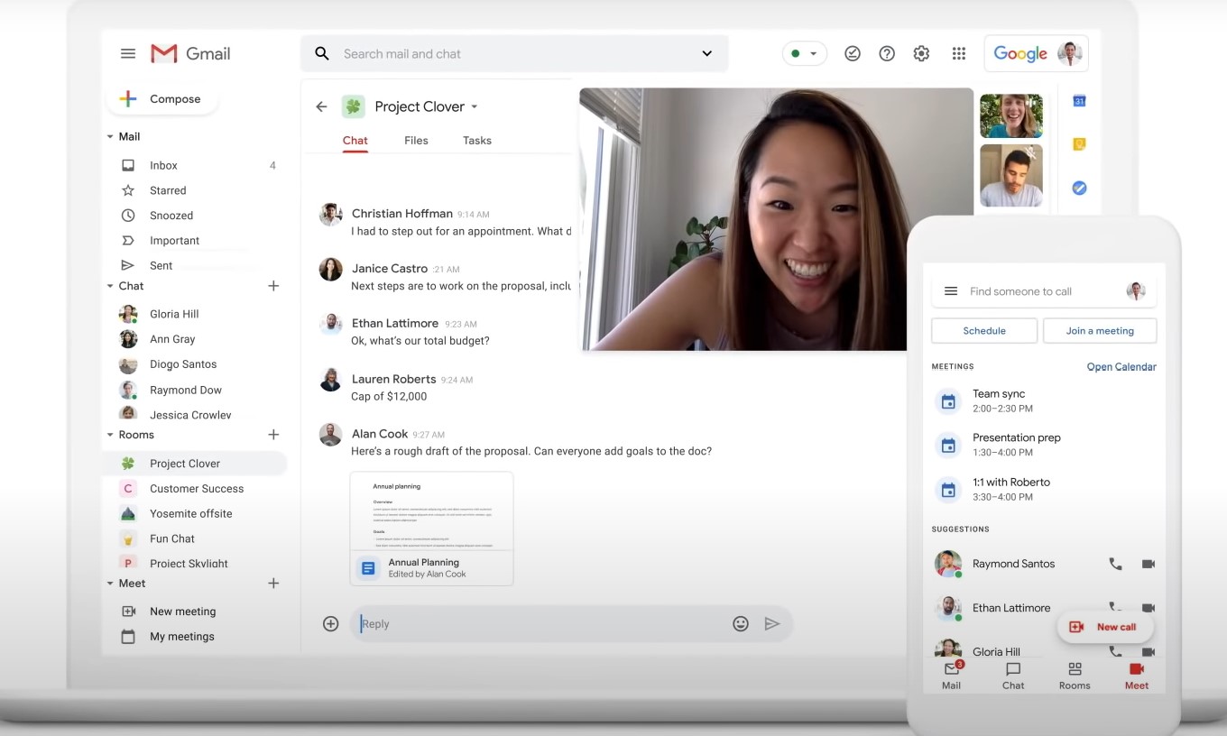 Google вгражда Google Chat, Rooms и Meet в Gmail